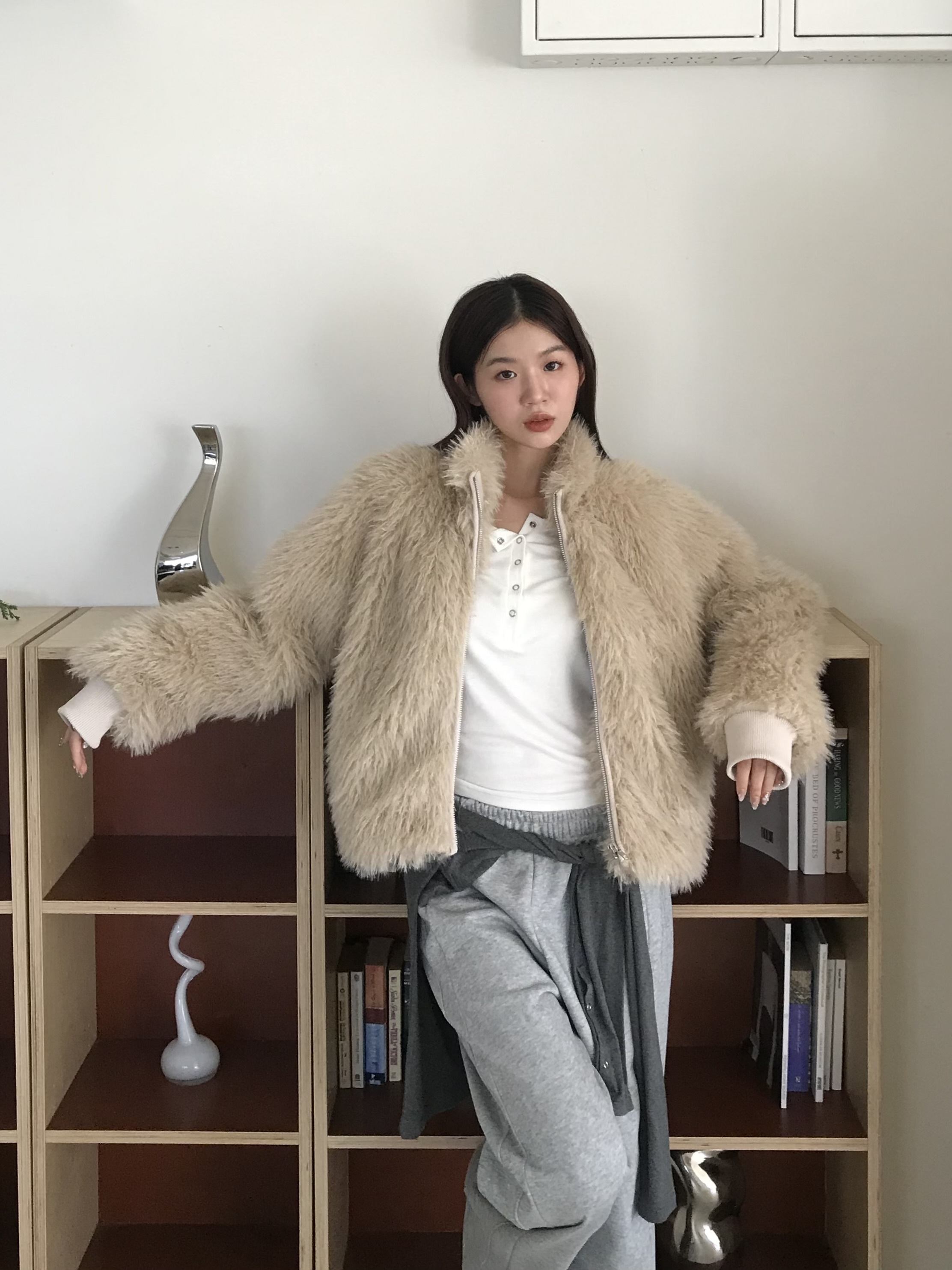 teddy立領毛流感拉鍊外套(淺駝)