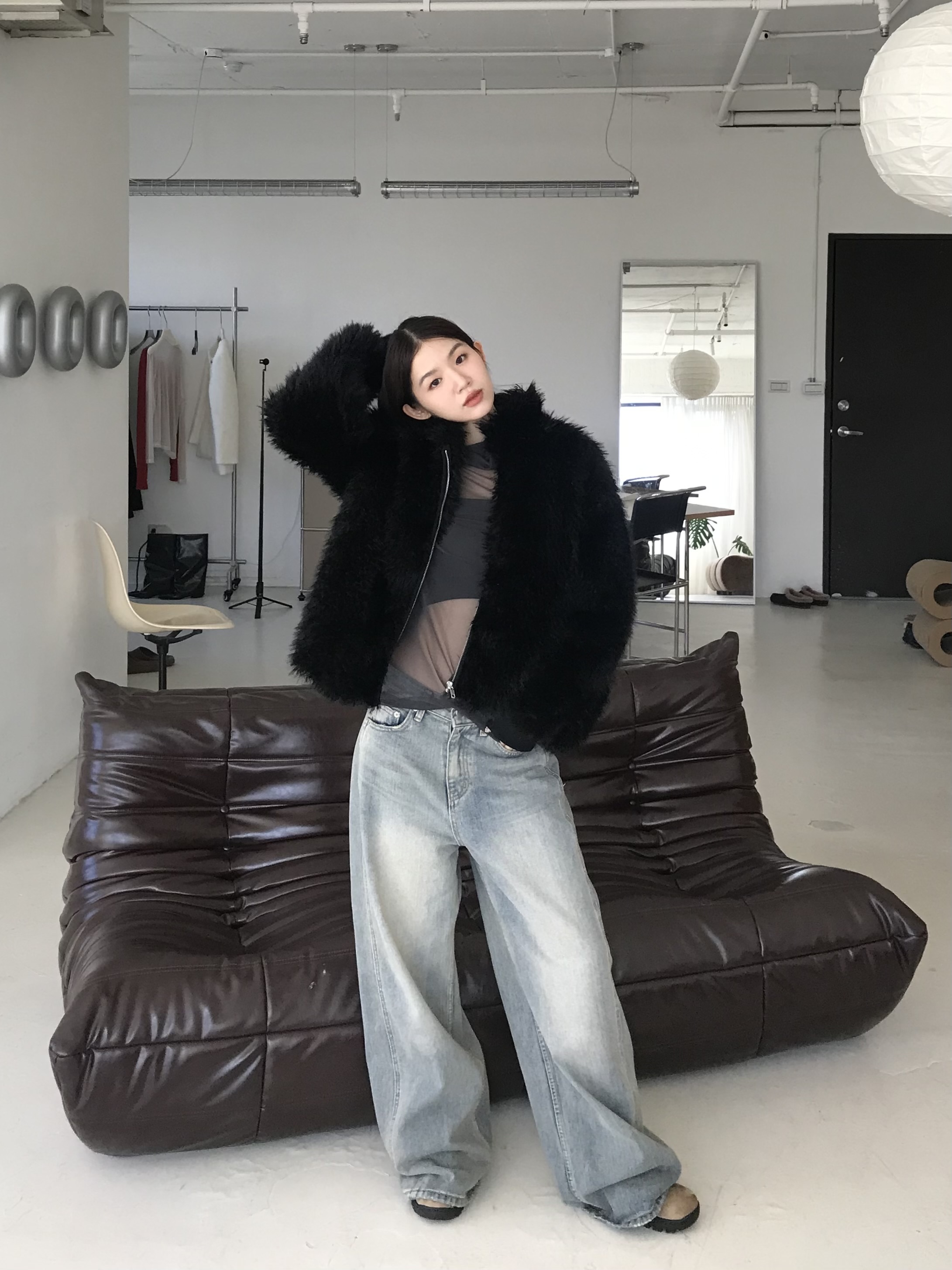 teddy立領毛流感拉鍊外套(黑)