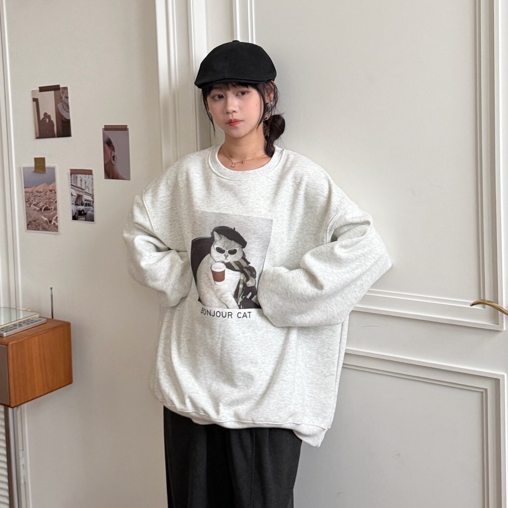 早安巴黎☕時尚喵圖案加絨大學踢