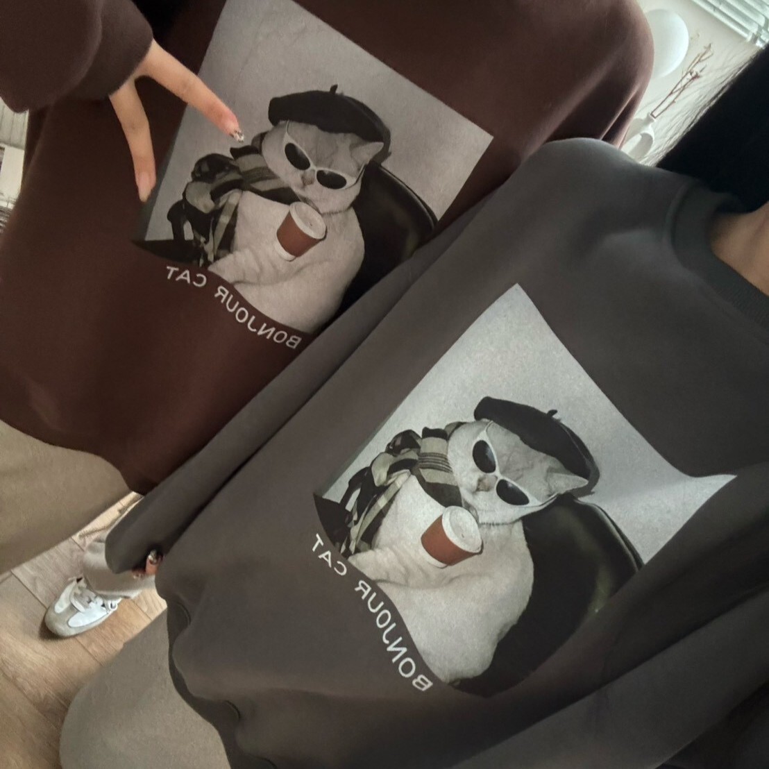 早安巴黎☕時尚喵圖案加絨大學踢