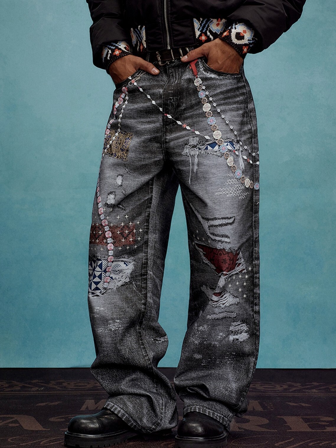 MEDMxYAD 貼布破壞鏈條打印 休閒直筒 牛仔褲