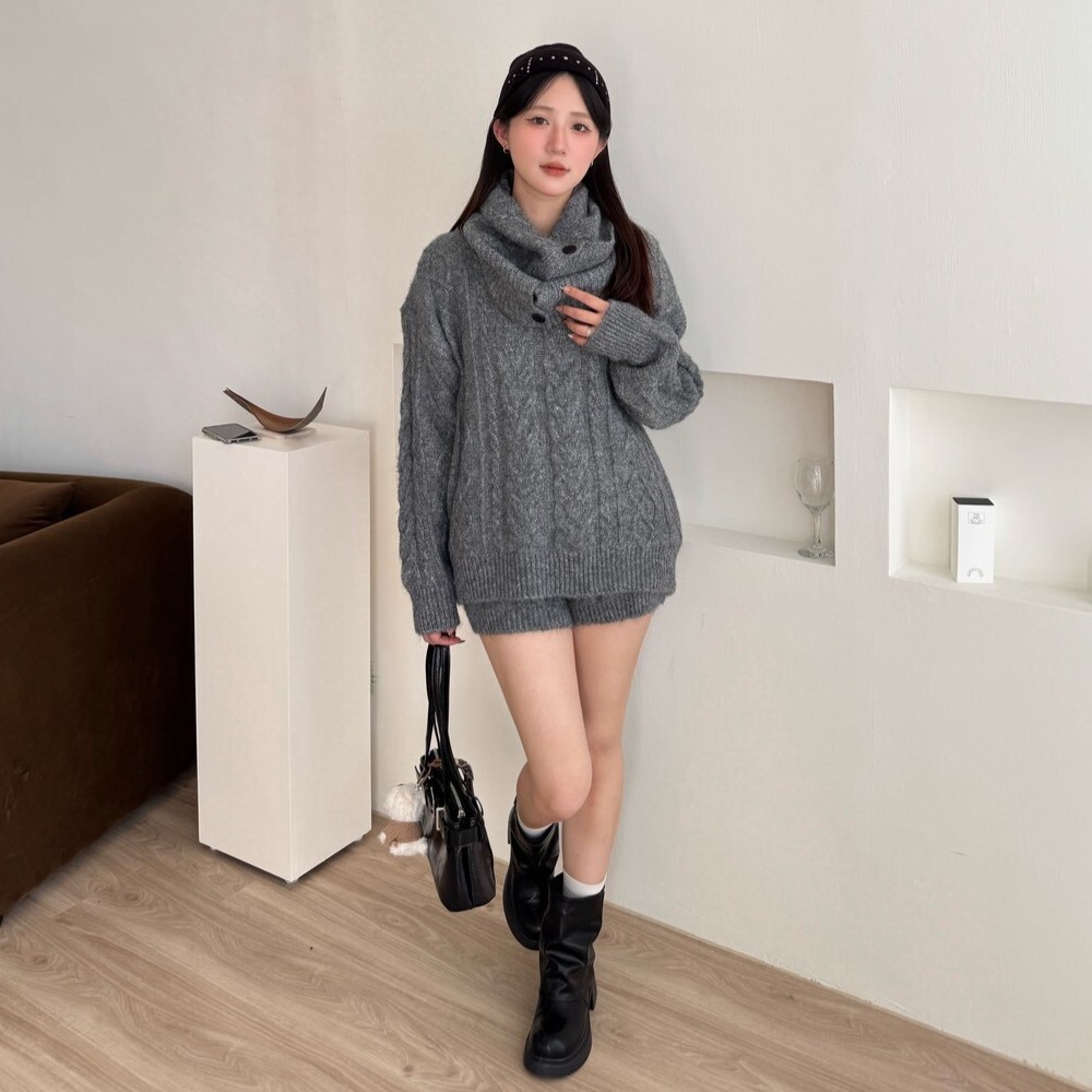 Deepcozy 麻花毛衣+圍脖短褲三件套