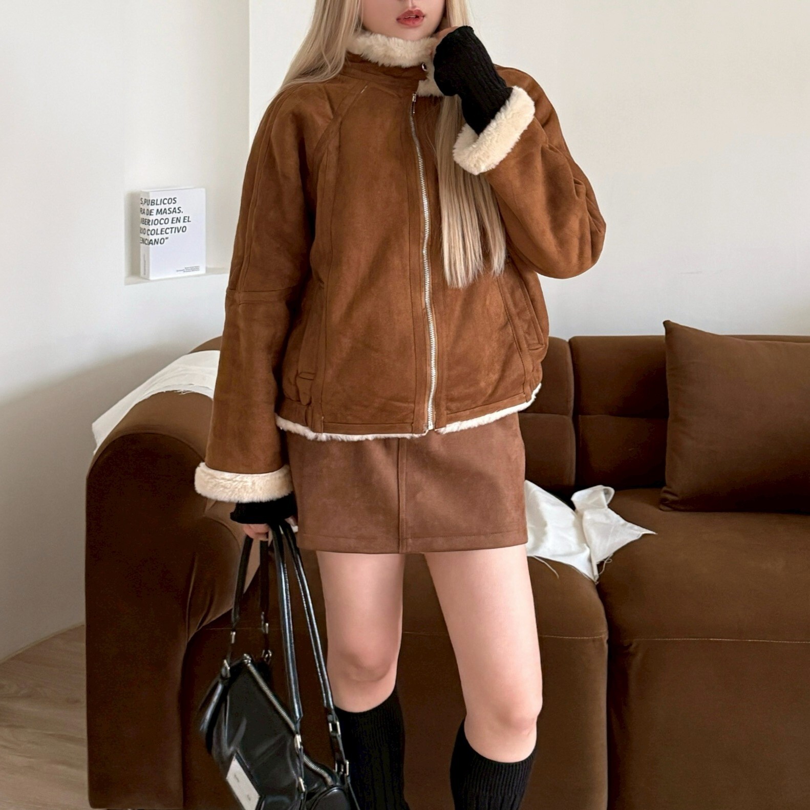 暖暖沐香 麂皮拼接立領機車外套