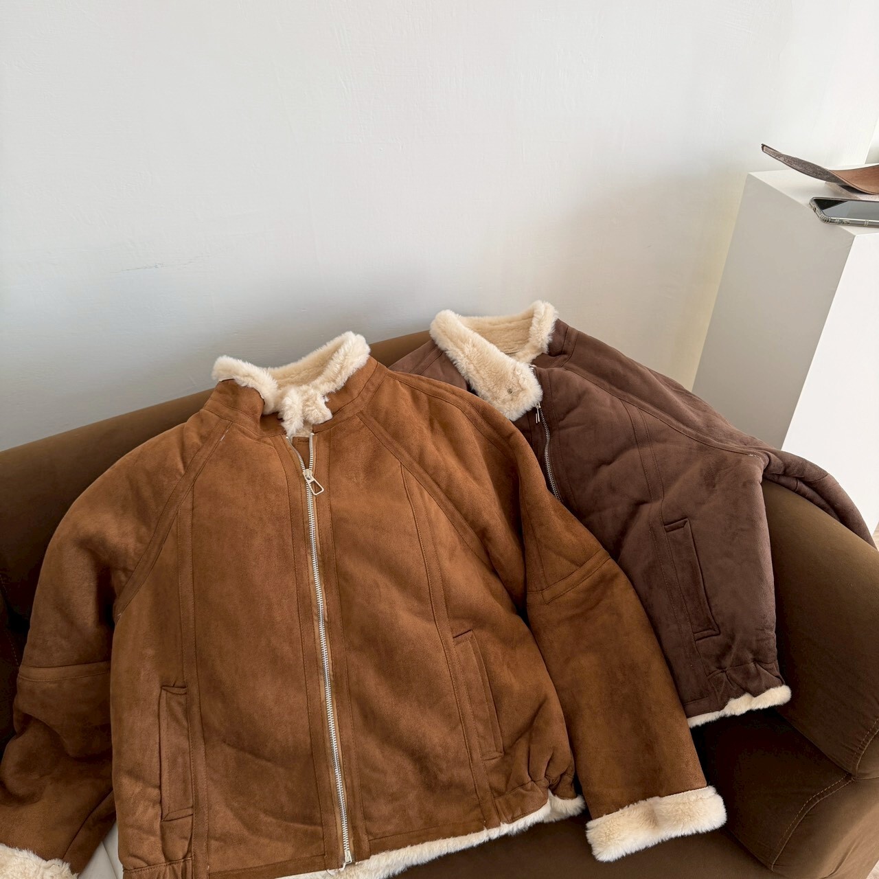 暖暖沐香 麂皮拼接立領機車外套