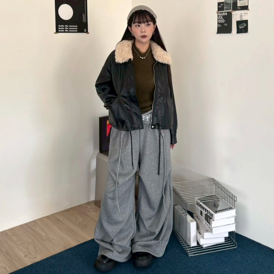 下收繩造型褶皺加絨寬鬆棉褲(屁簾可拆)