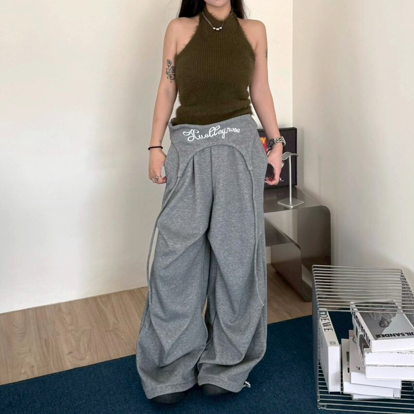 下收繩造型褶皺加絨寬鬆棉褲(屁簾可拆)