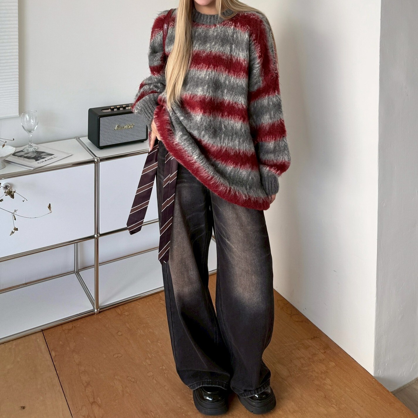 員購必填!綁腰領帶黑刷白牛仔直筒寬褲