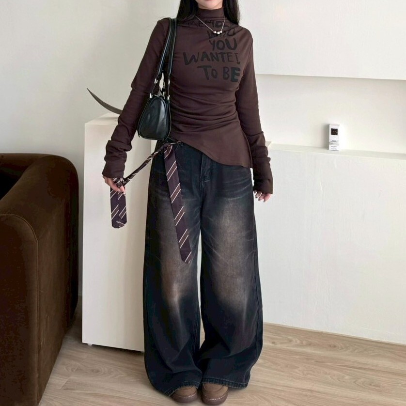 員購必填!綁腰領帶黑刷白牛仔直筒寬褲