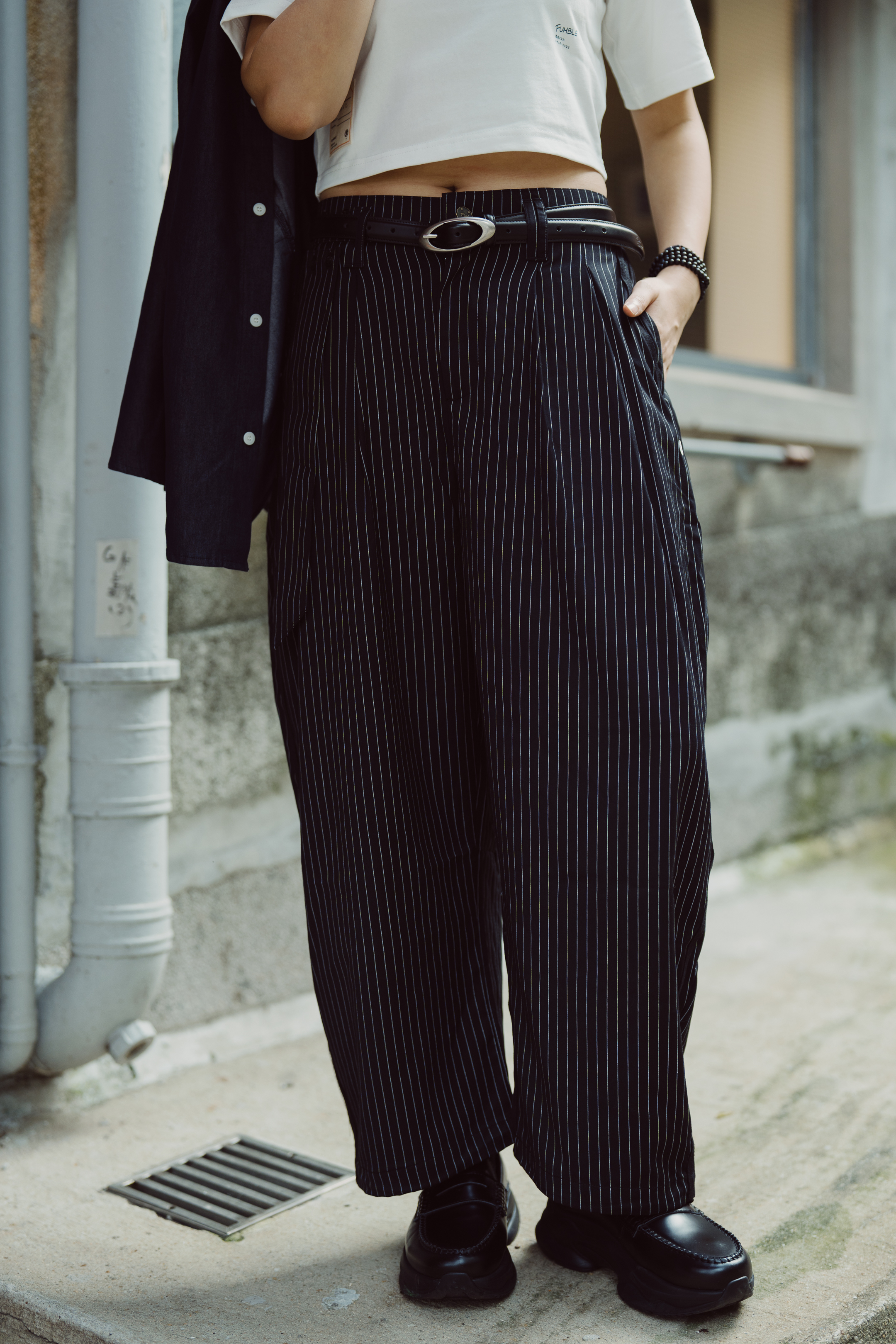 Fumble 黑白條子闊腳西裝長褲