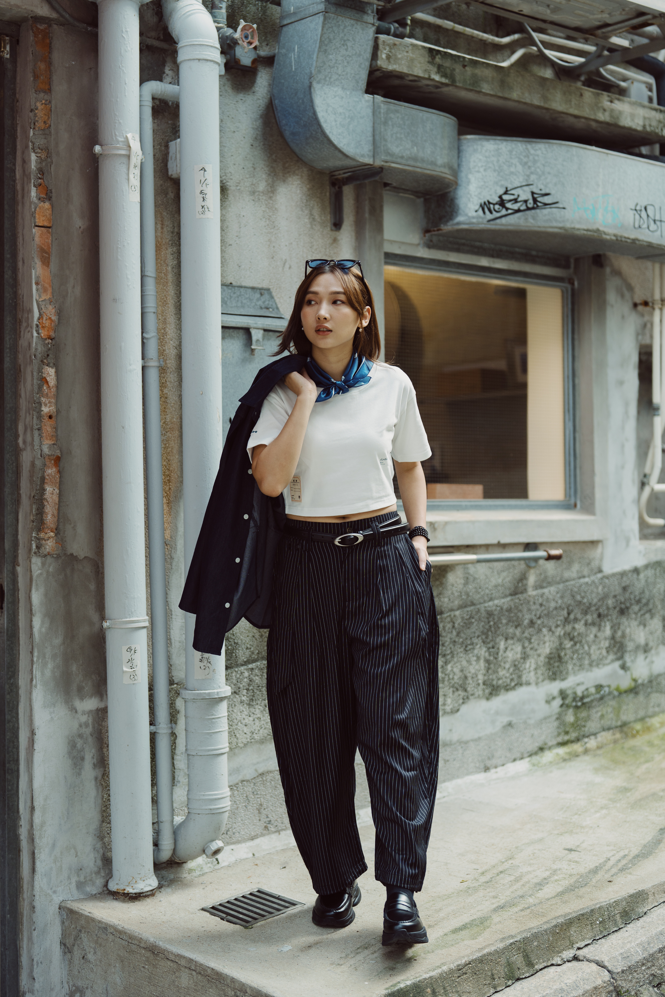 Fumble 黑白條子闊腳西裝長褲