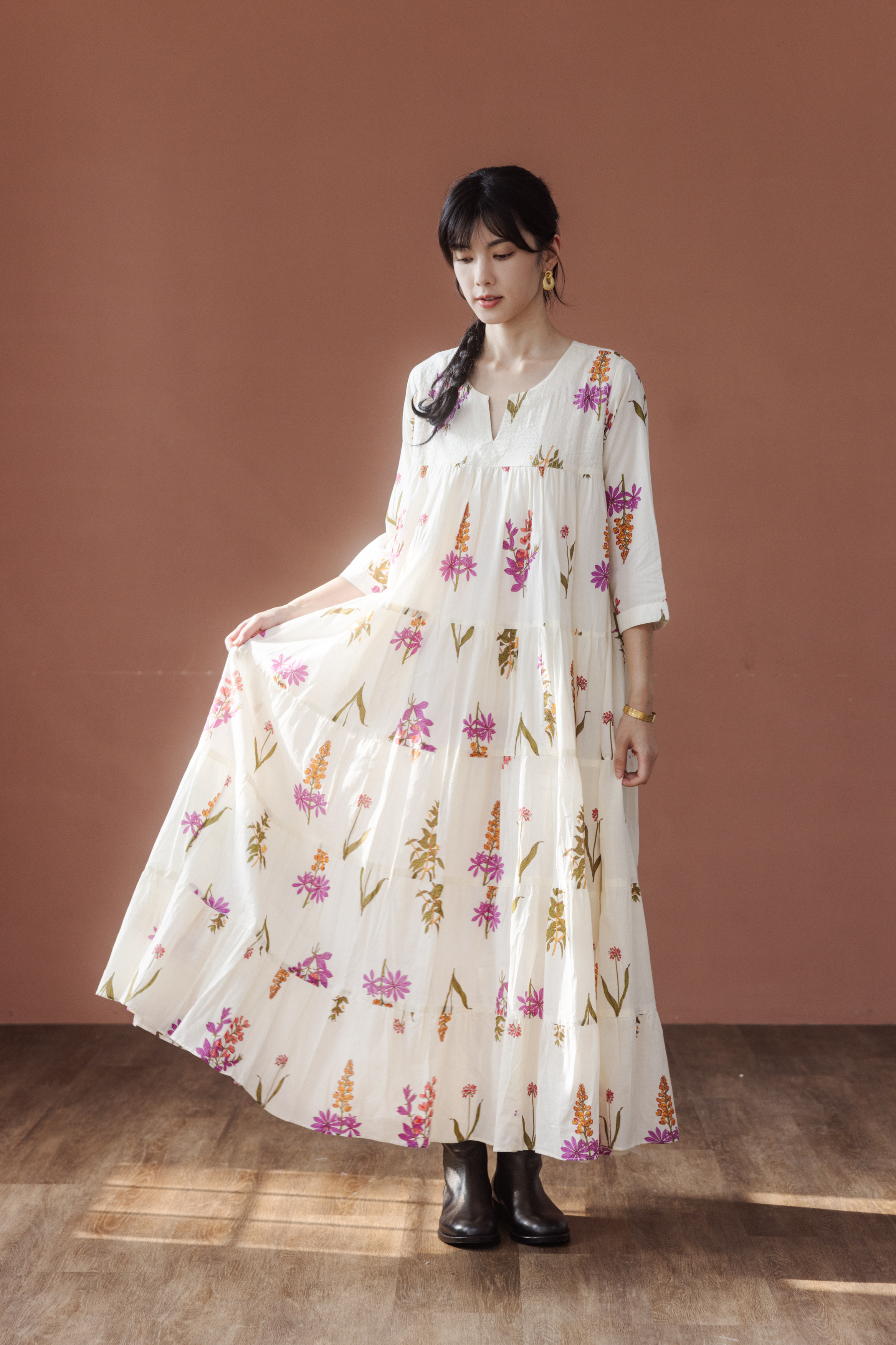 印花分層長洋裝_紫花