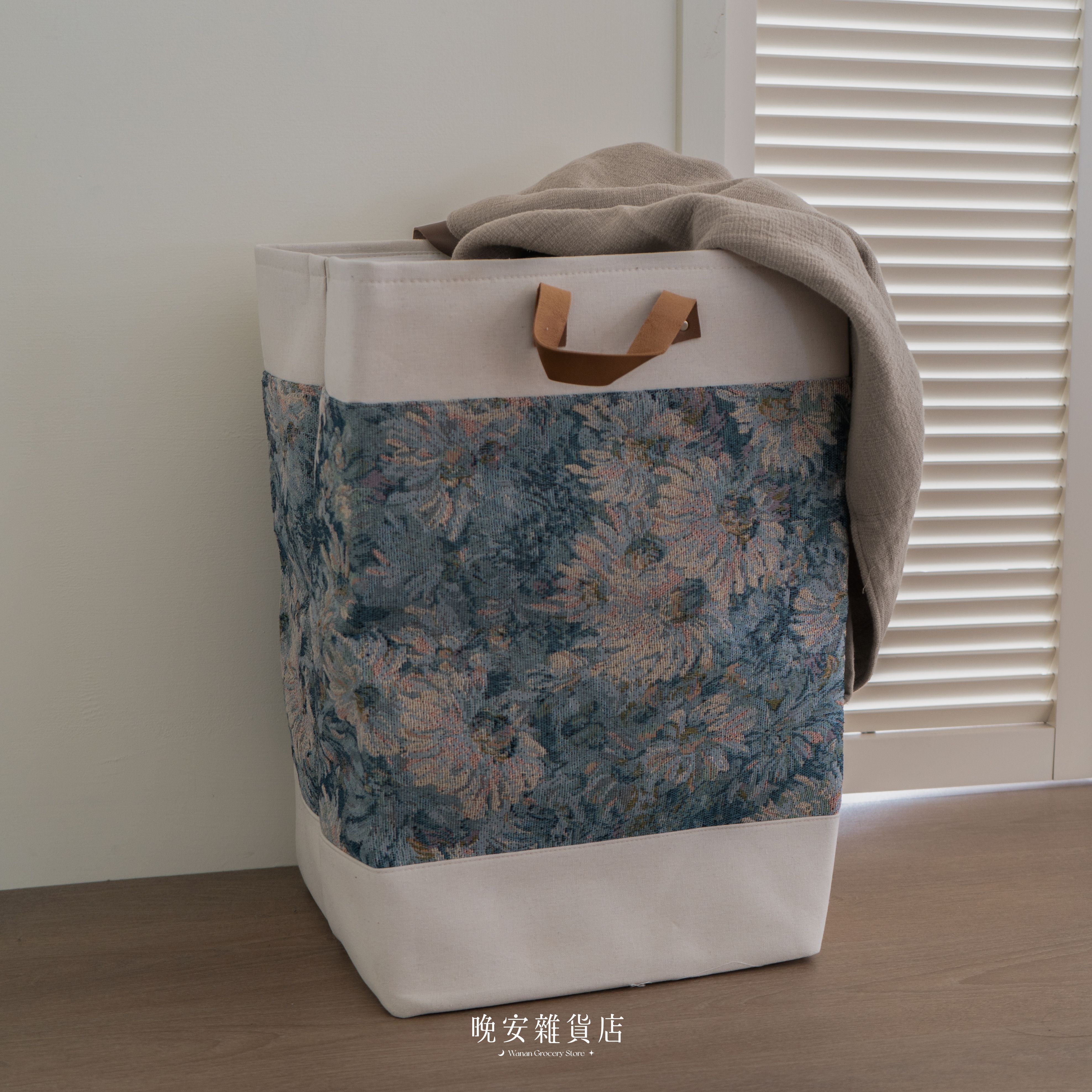 【手提收納】復古霧霾藍花洗衣籃｜ 碎花髒衣籃