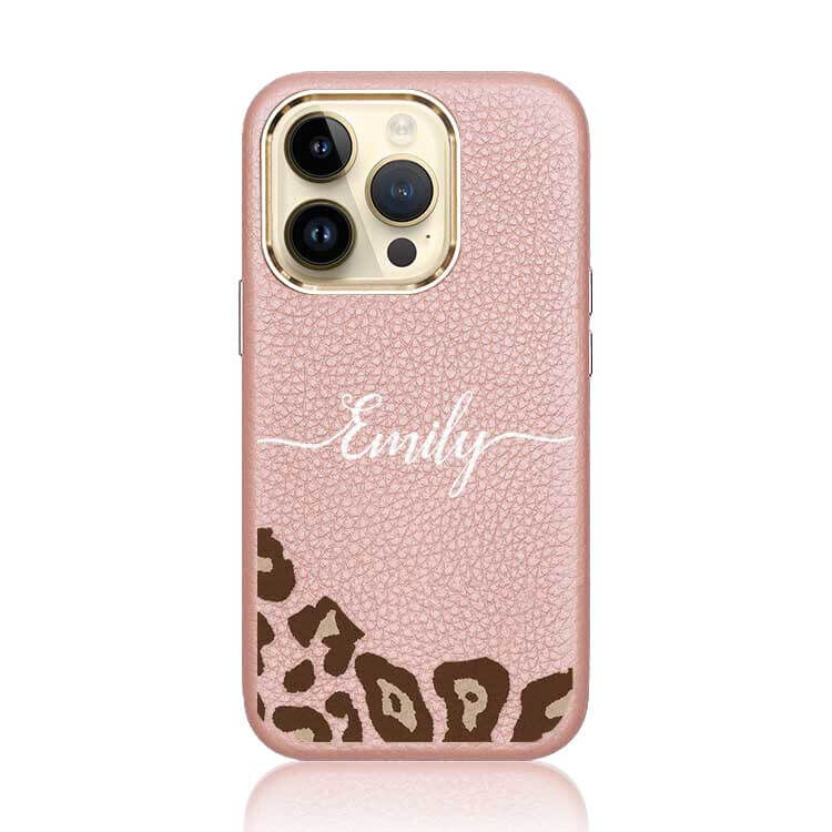 法式豹紋 蜜荔殼 (MagSafe) 蜜荔粉皮革殼 - (訂製名字) iPhone客製化手機殼