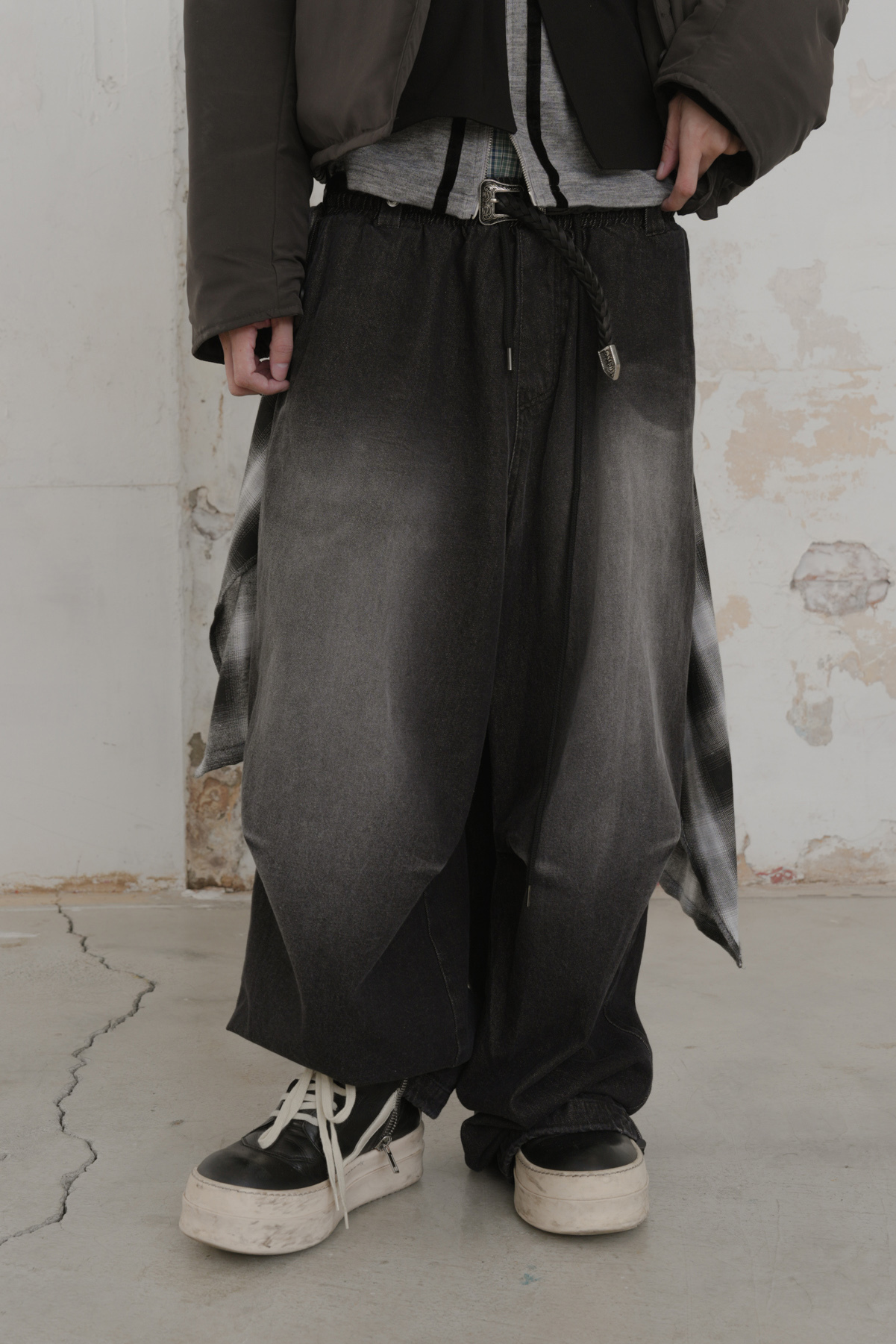 Check Skirt Denim Pants #長褲