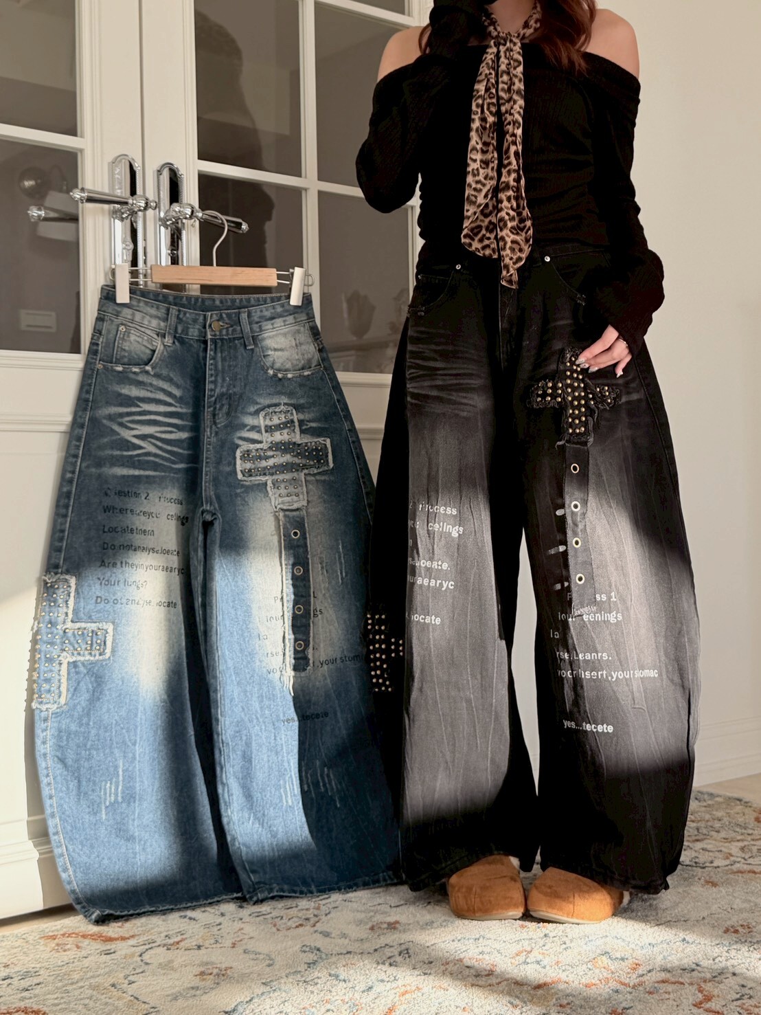 炸街帥褲🤳🏻 十字卯釘貼布彎刀褲 2colors