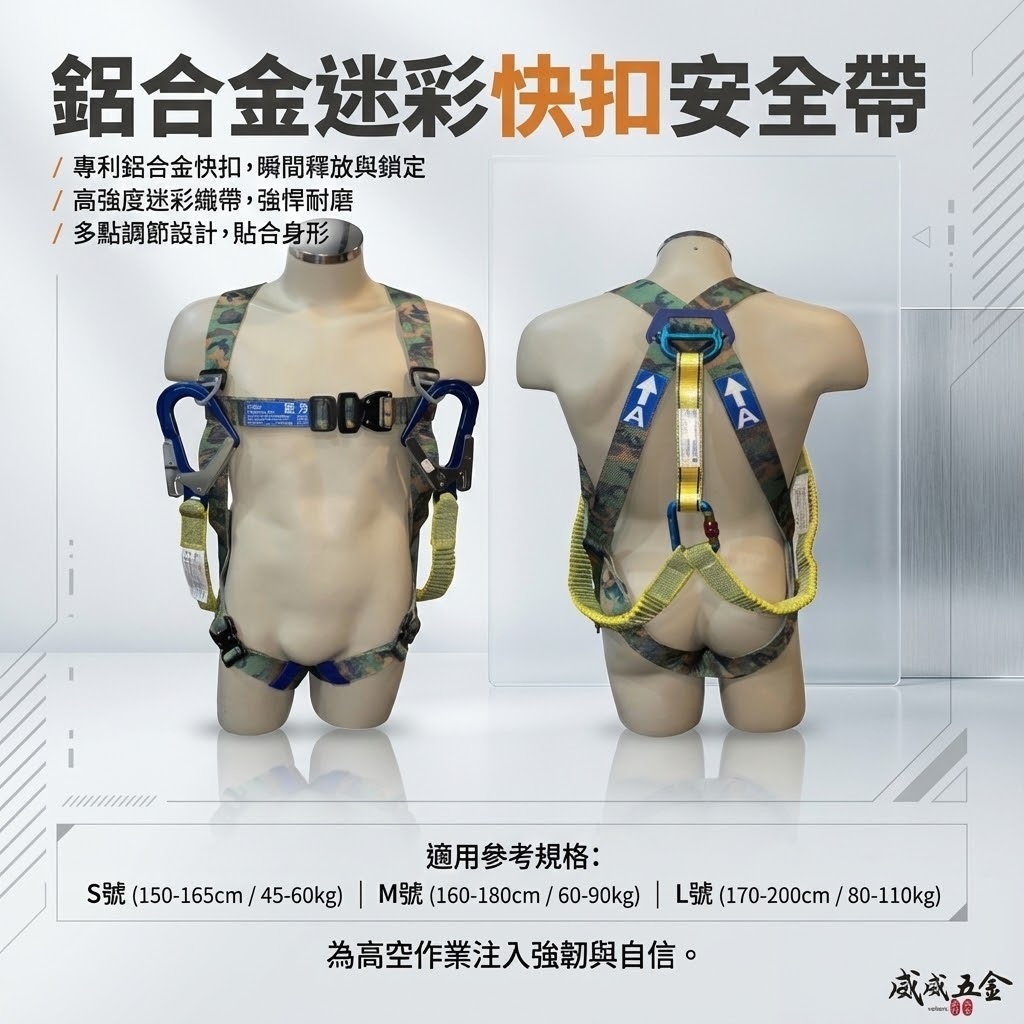 台灣製 巨力｜迷彩超輕鋁合金伸縮繩雙大掛鉤+背負式安全帶+O型環+緩衝包 降落傘 全身式安全帶｜AOU002