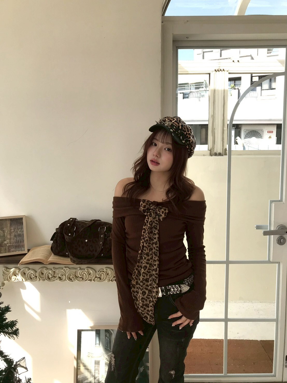 2ways 豹紋絲巾 一字領針織 2colors