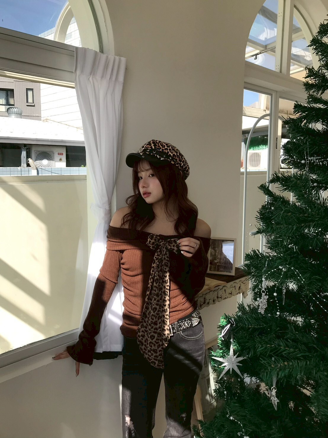 2ways 豹紋絲巾 一字領針織 2colors