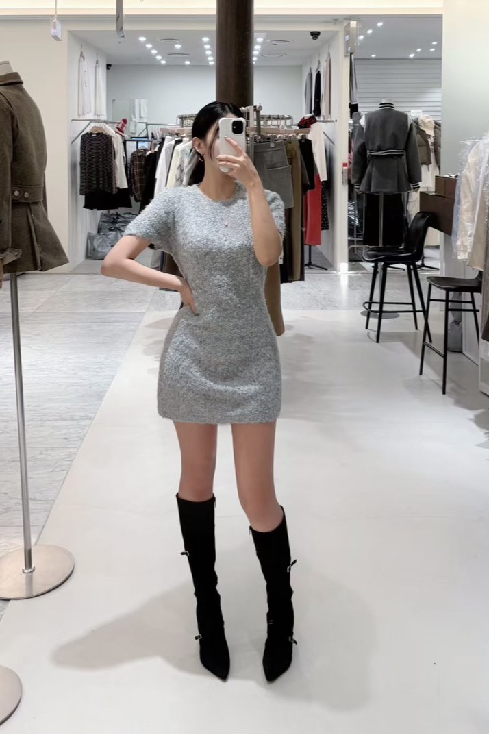 短袖彈性毛毛洋裝