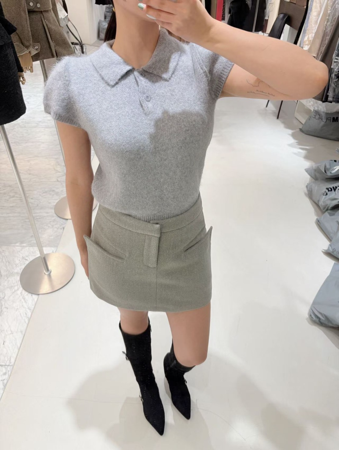 尖口袋毛呢短裙