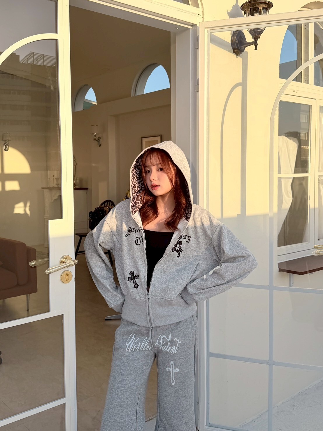 千禧辣妹專屬 十字豹紋拼接休閒套裝2colors