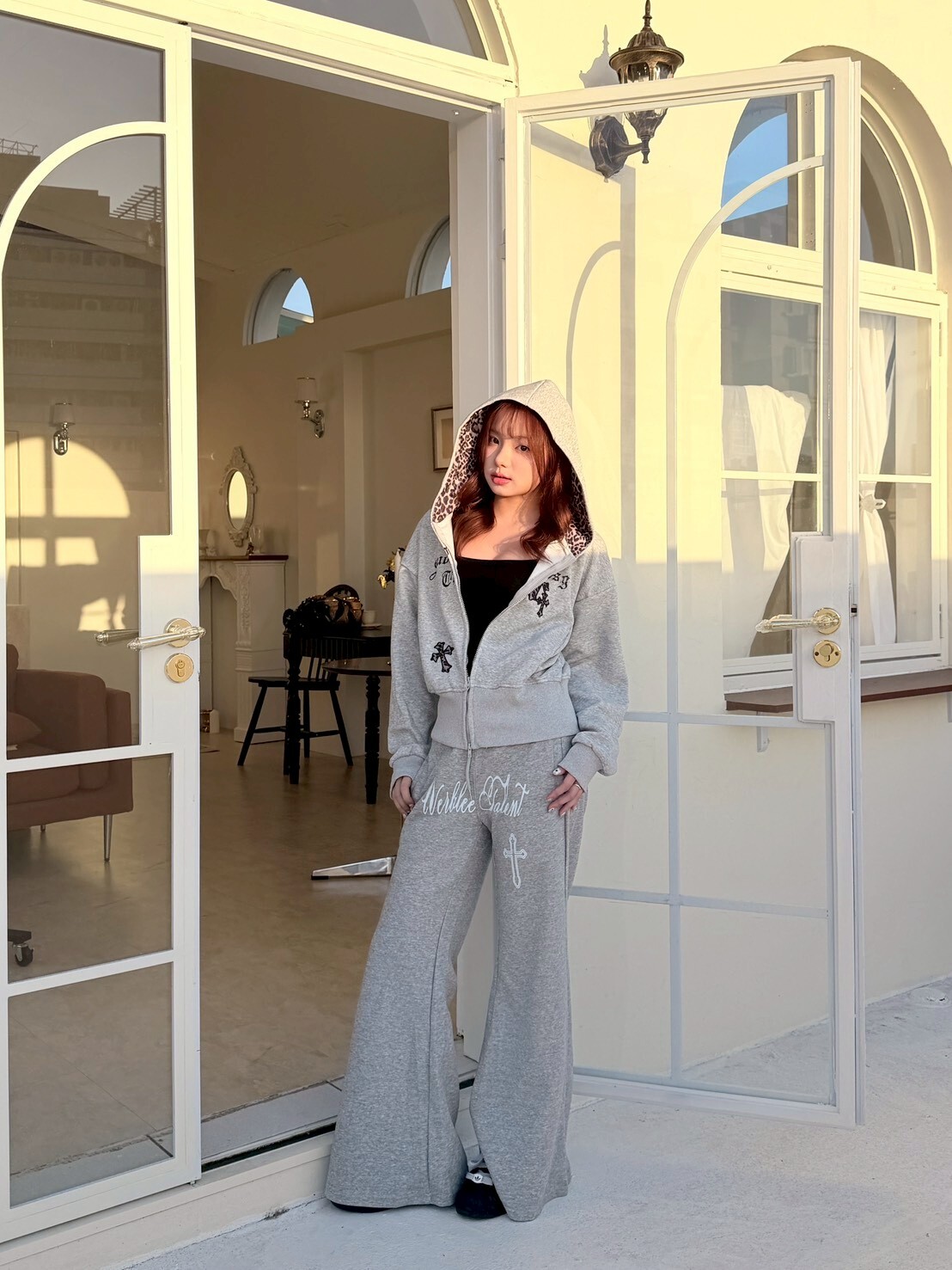 千禧辣妹專屬 十字豹紋拼接休閒套裝2colors