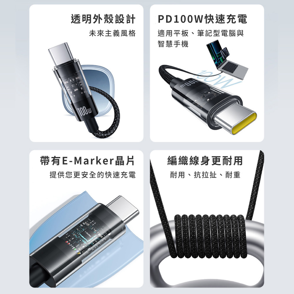 【Baseus倍思】透明CD系列 TC to TC 快充數據線100W