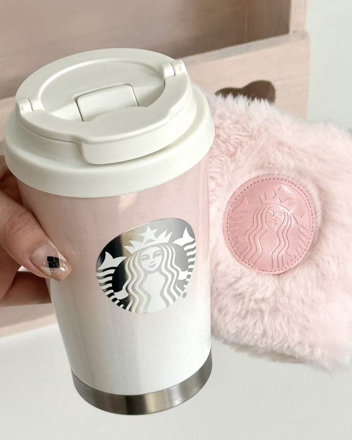 <抓住少女心🎀>星巴克 粉白漸層 隨行杯組 附毛毛杯袋
