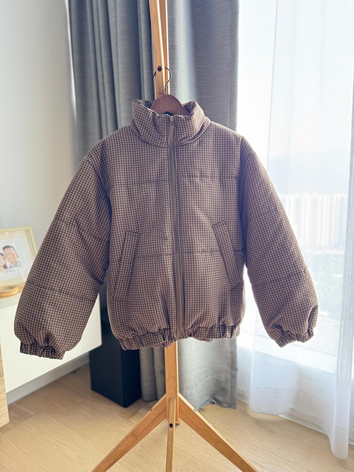 英倫風啡色小格子間棉外套【日本直送】