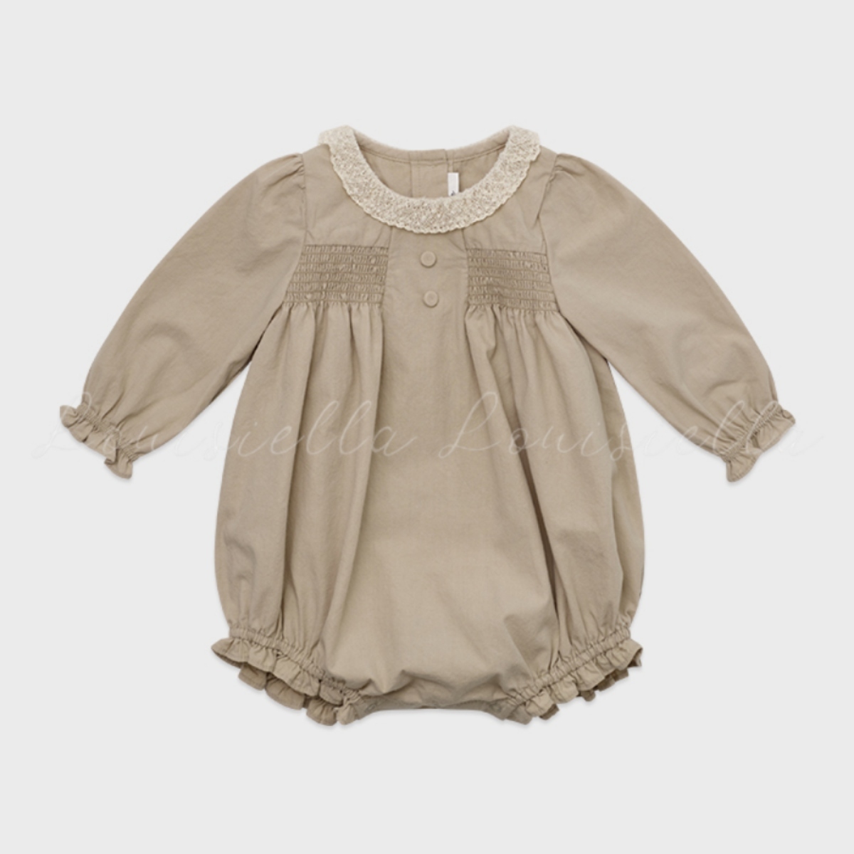 LOUISIELLA 蕾絲領壓褶包屁衣Baby Florence Romper - Khaki Beige