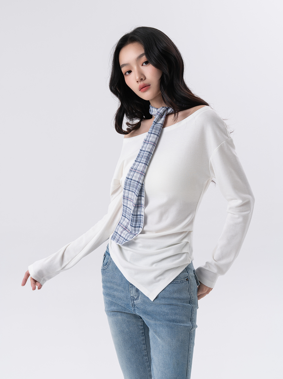 【第二件5折】韓系領巾不對稱下擺上衣