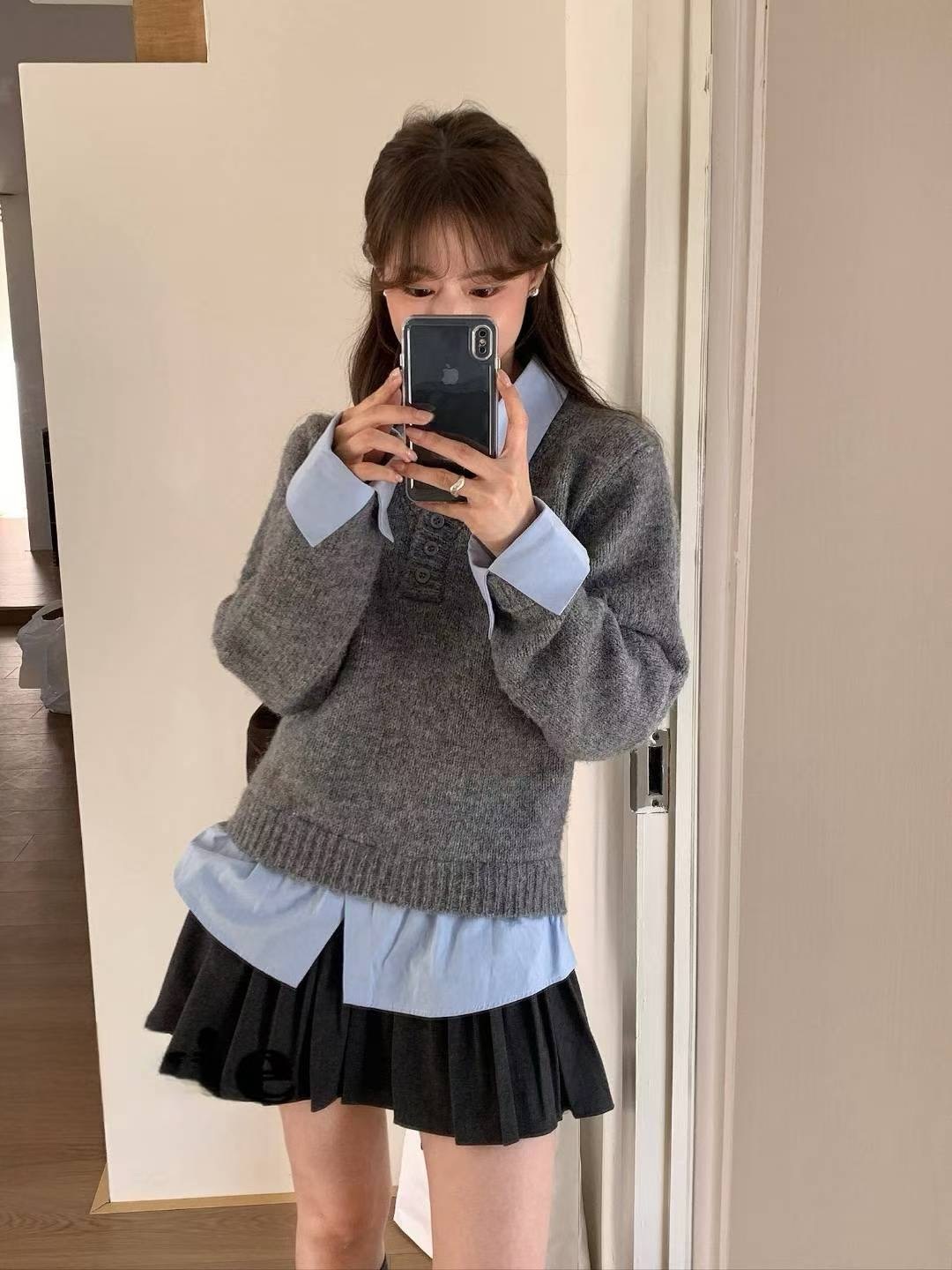 Shirt layered v collar knit