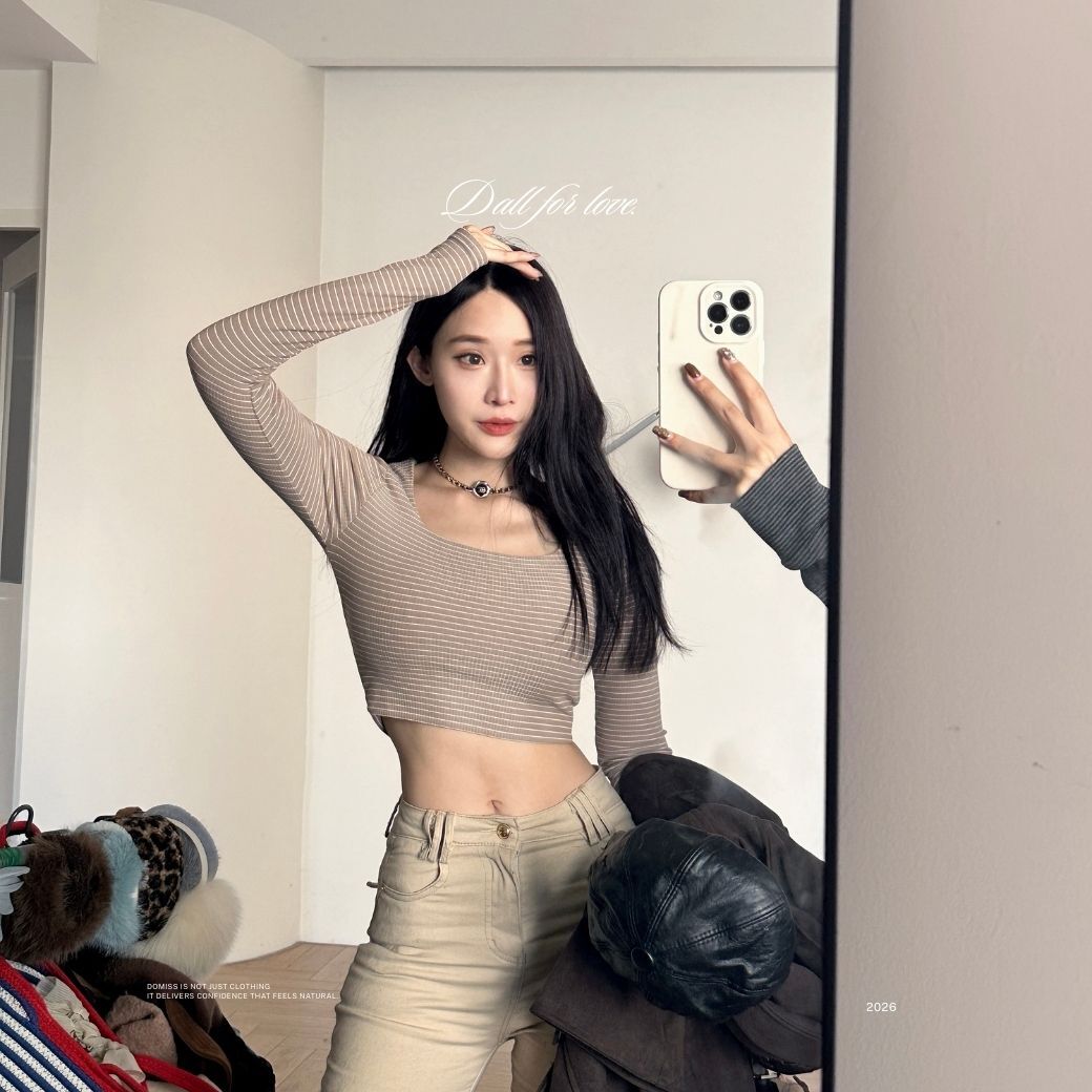 【條紋也辣】DOMISS自訂-刷絨條紋方領合身上衣-2色 顯腰細 辣妹比例神上衣(現+預)