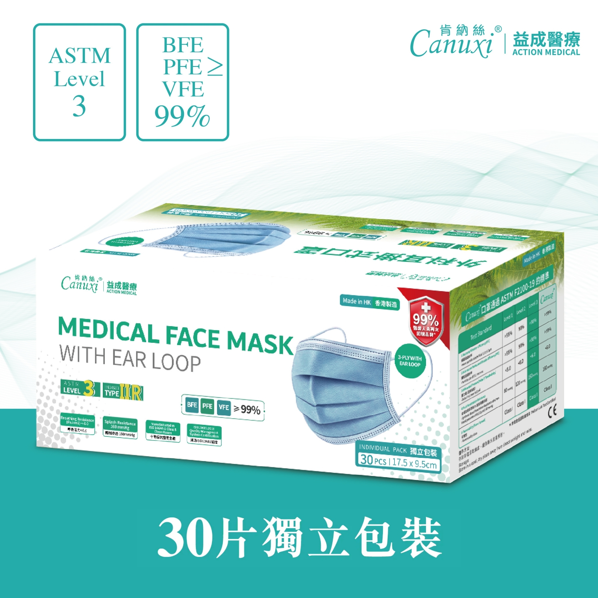 香港製 - 外科耳掛式口罩 ASTM Level 3 (獨立包裝)