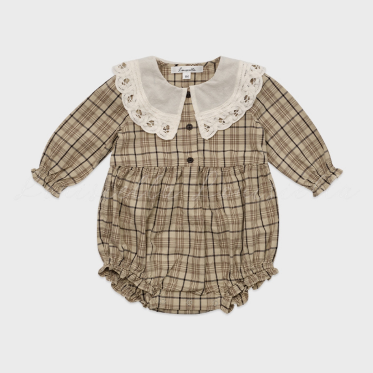 LOUISIELLA 格紋雕花領包屁衣 Baby Marsil Romper - Beige