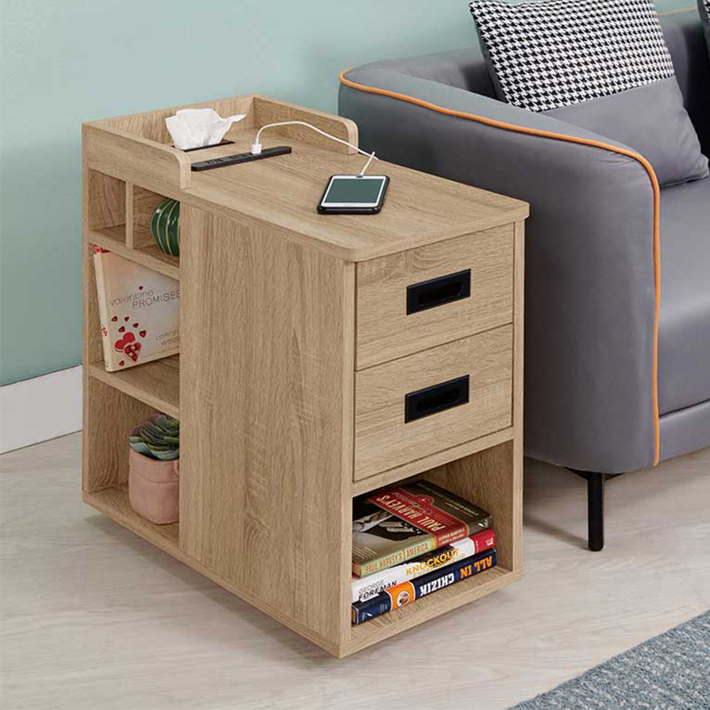 菲恩多功能二抽附USB插座邊几/沙發收納邊櫃/小茶几/置物櫃(兩色可選)