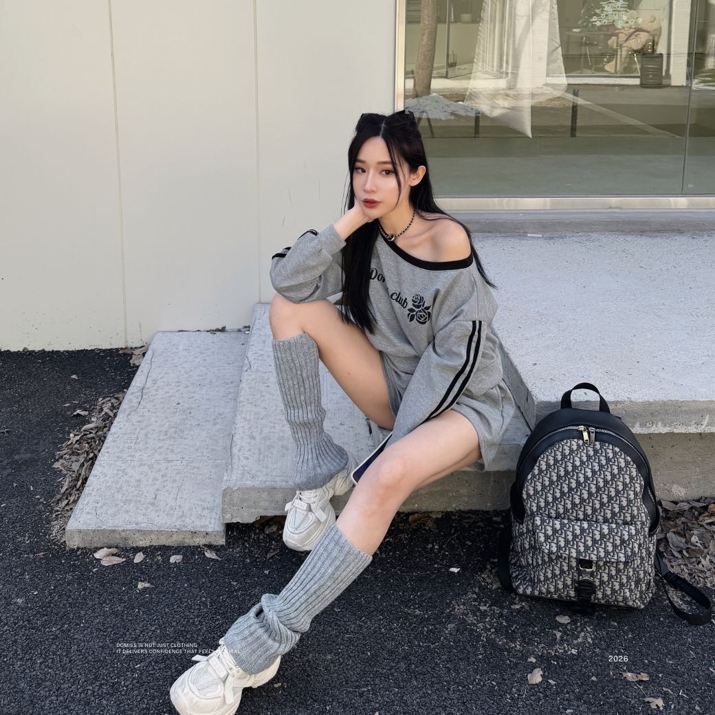 【個性玫瑰】DOMISS自訂-休閒運動風套裝 落肩寬鬆上衣+棉短褲-2色(現貨)