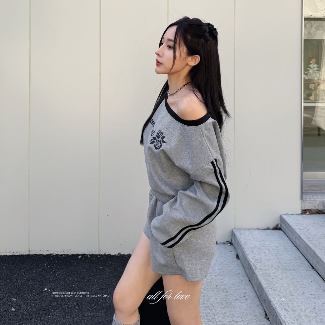 【個性玫瑰】DOMISS自訂-休閒運動風套裝 落肩寬鬆上衣+棉短褲-2色(現貨)