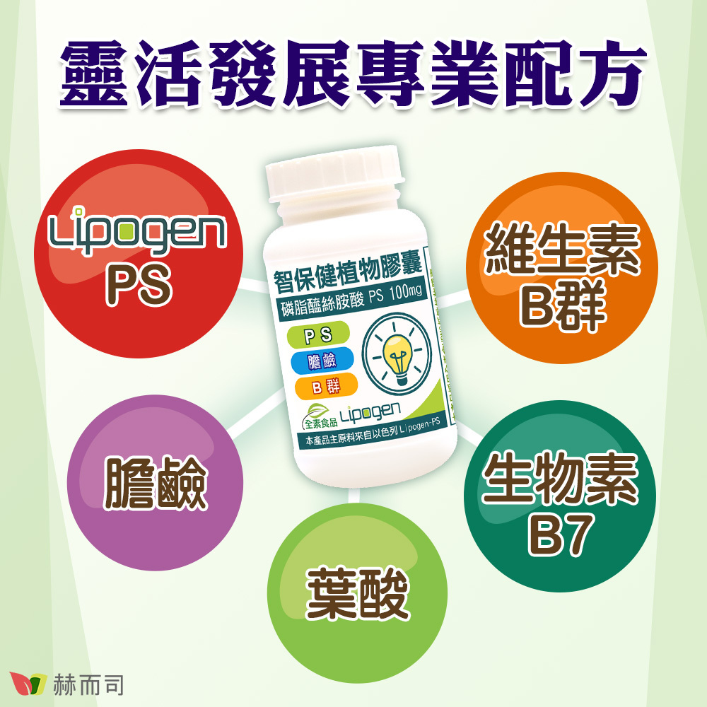 磷脂醯絲胺酸推薦 靈活發展專業配方，【赫而司】智保健 PS-II含有Lipogen-PS、膽鹼、維生素B群、葉酸、生物素！