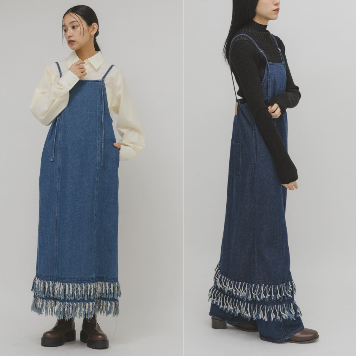 先行特價預購┃日本 KBF 鬚邊 流蘇牛仔細肩帶洋裝