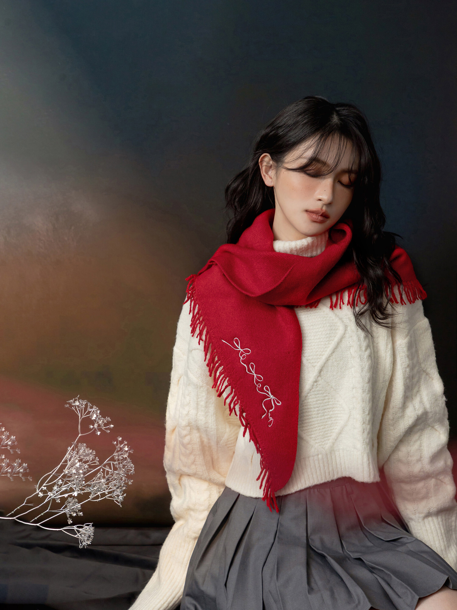 夢遊者。MUCHAT手作刺繡蝶結流蘇圍巾 (紅)