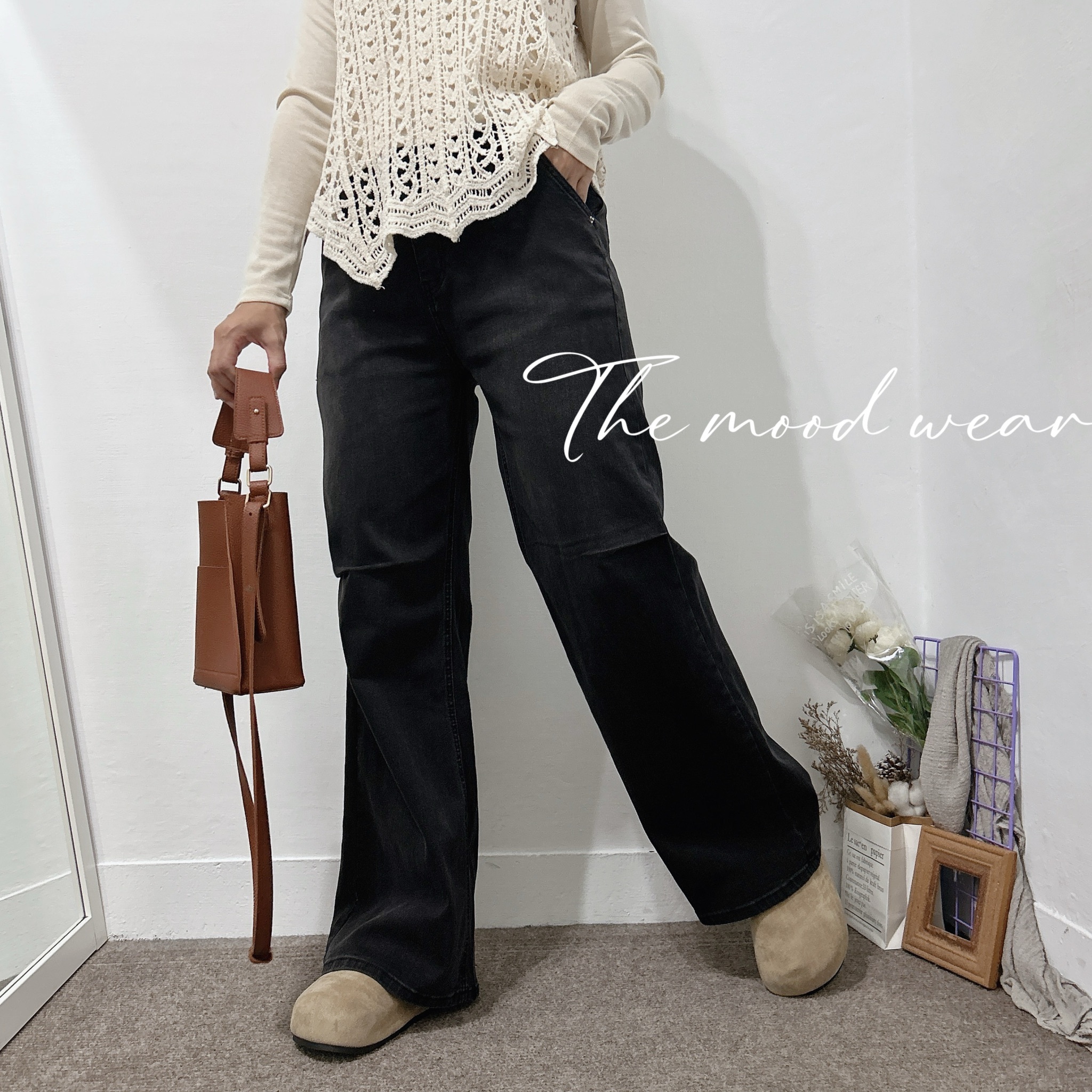 S-2XL設計款外切口帶水洗牛仔寬褲