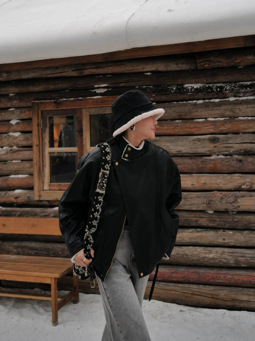 長版內貂毛翻單領皮外套*2色