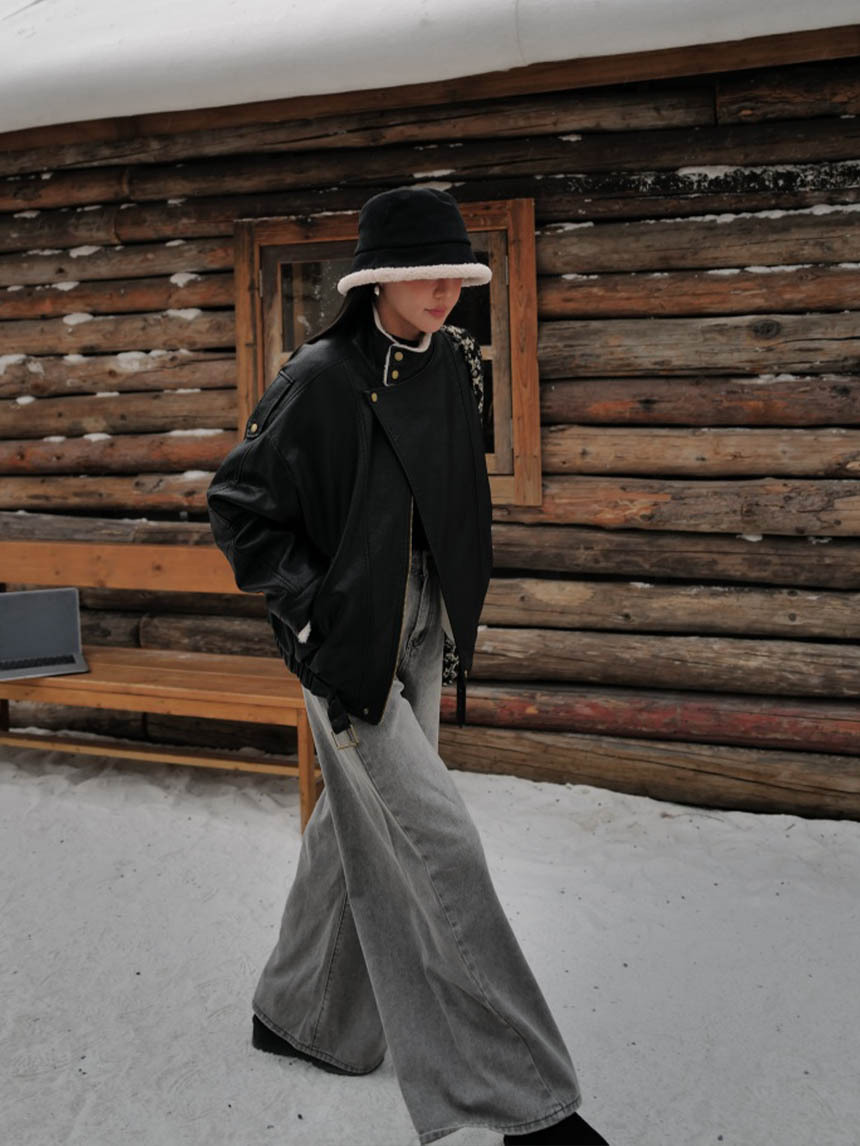 長版內貂毛翻單領皮外套*2色