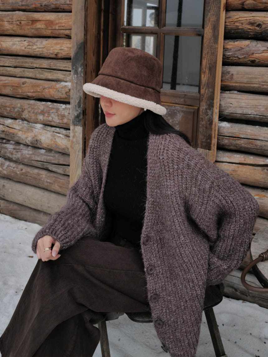 釦子同色粗針織泡袖長版外罩*5色