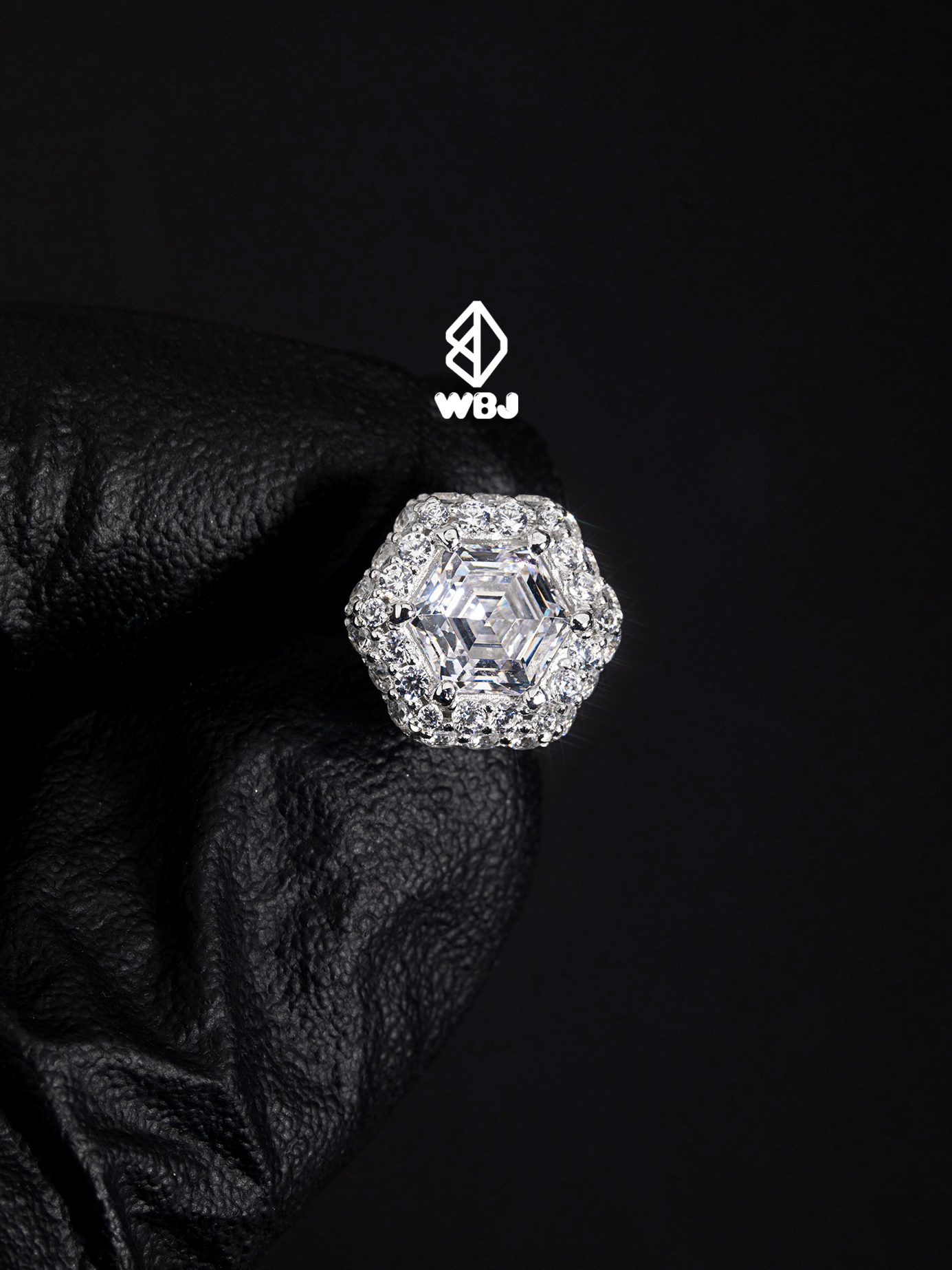 純銀群鑲六邊形寶石耳釘 925銀 電鍍18K白金