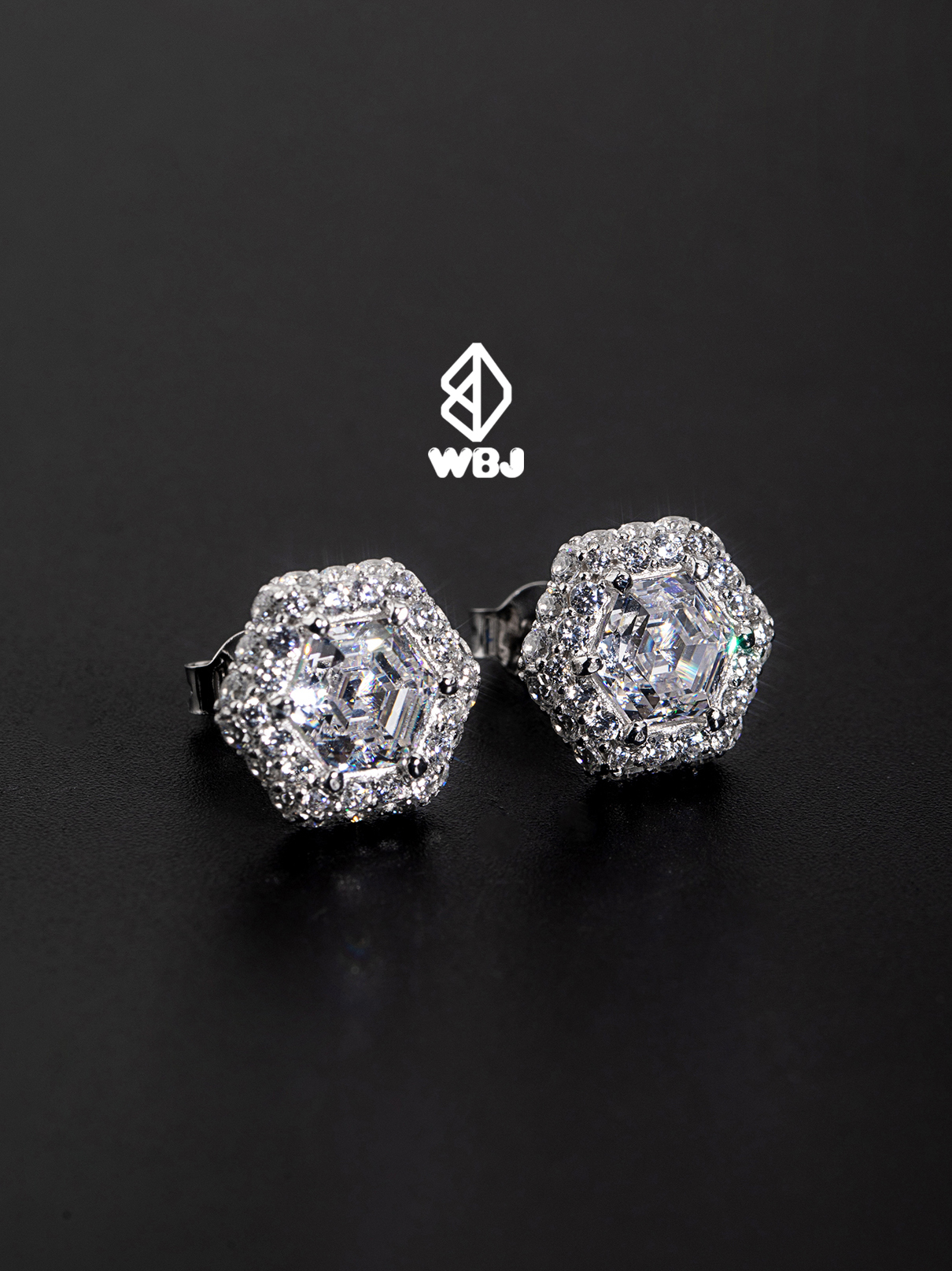 純銀群鑲六邊形寶石耳釘 925銀 電鍍18K白金