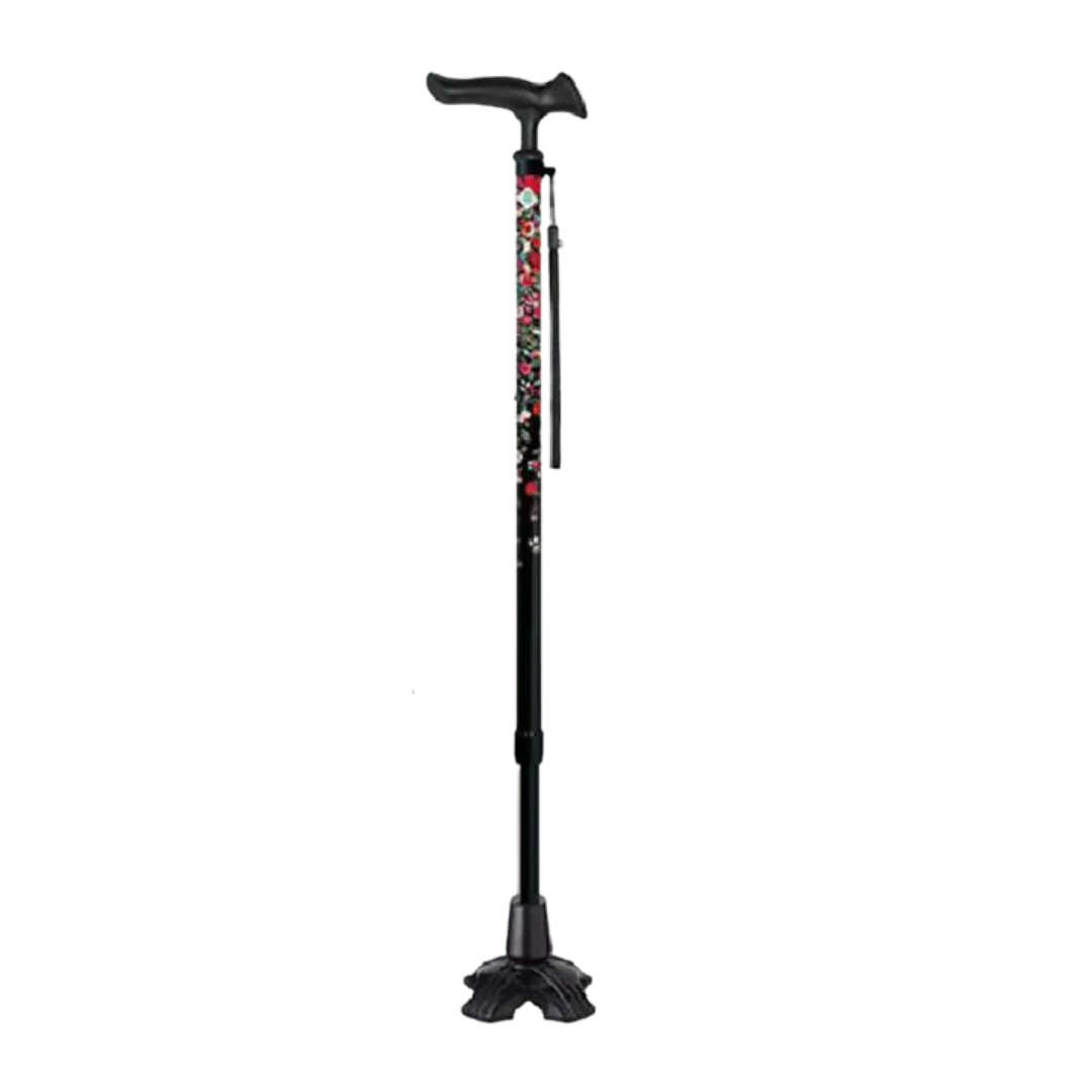 日本【Fuji Home】四點抓地拐杖(紅底花圖案/黑底花圖案)