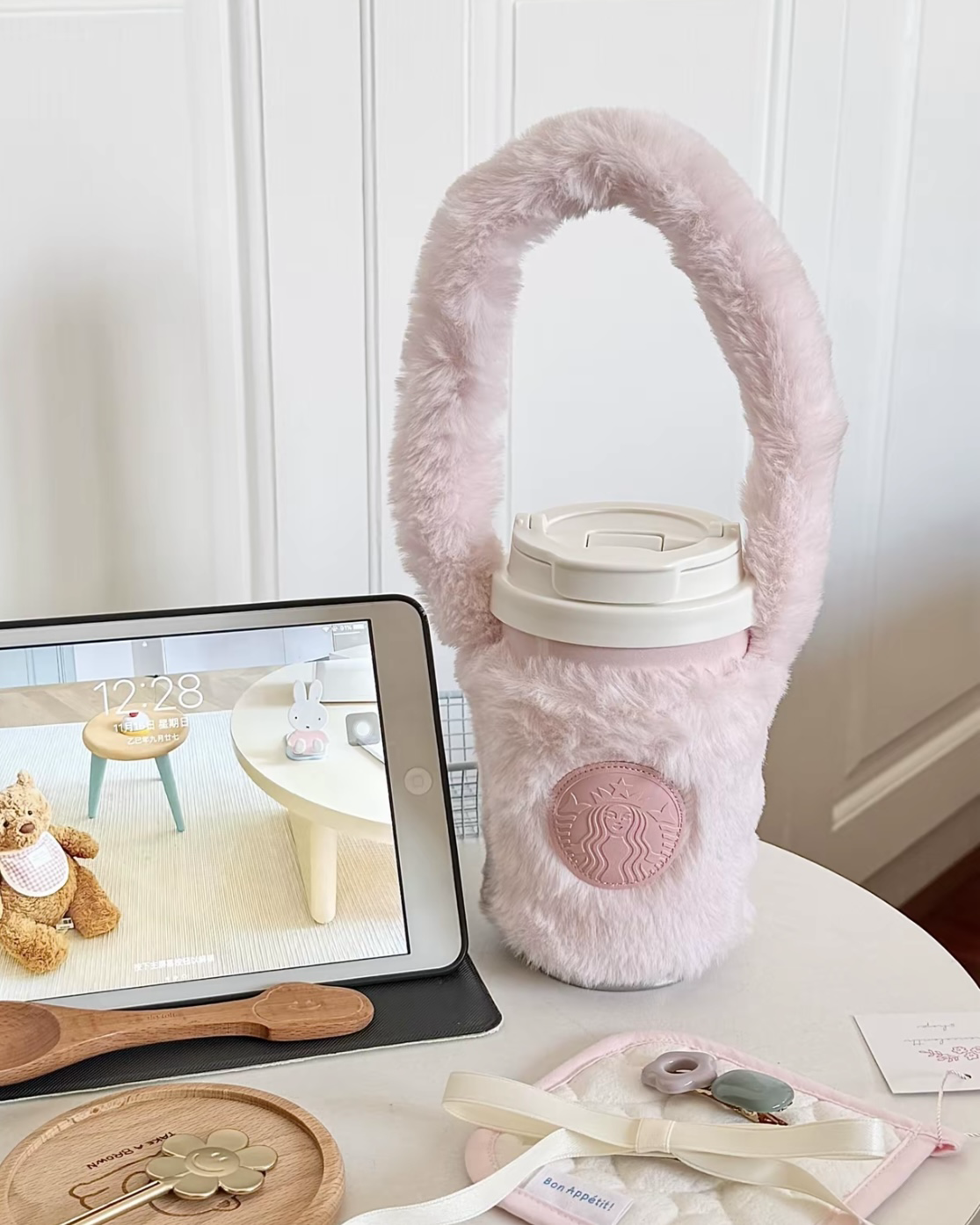 Starbucks 星巴克 冬季限定 漸層粉白 隨行杯 毛毛杯套 提袋 禮盒組