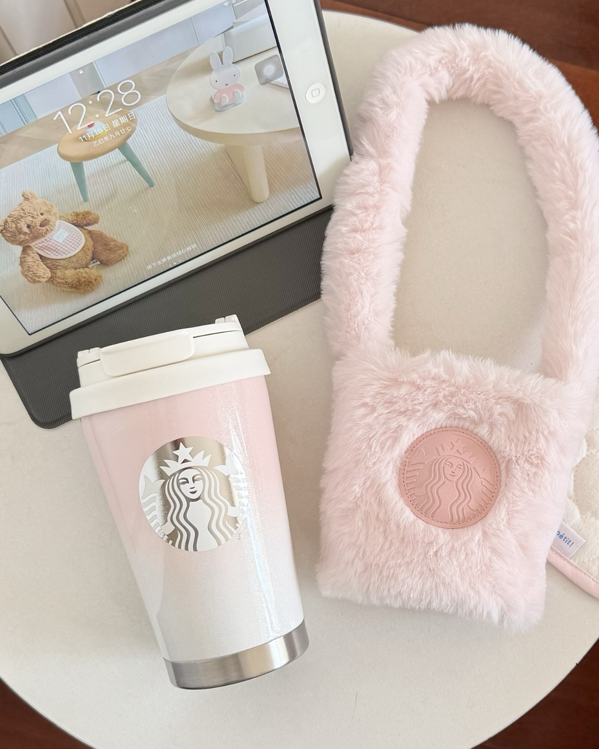 Starbucks 星巴克 冬季限定 漸層粉白 隨行杯 毛毛杯套 提袋 禮盒組